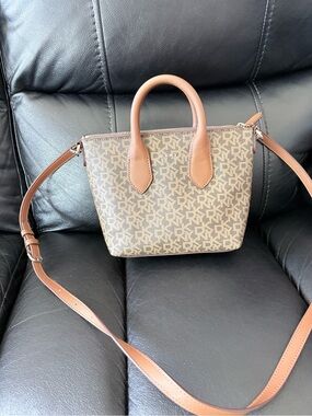DKNY Brown Monogram Crossbody with Tan Leather Trim